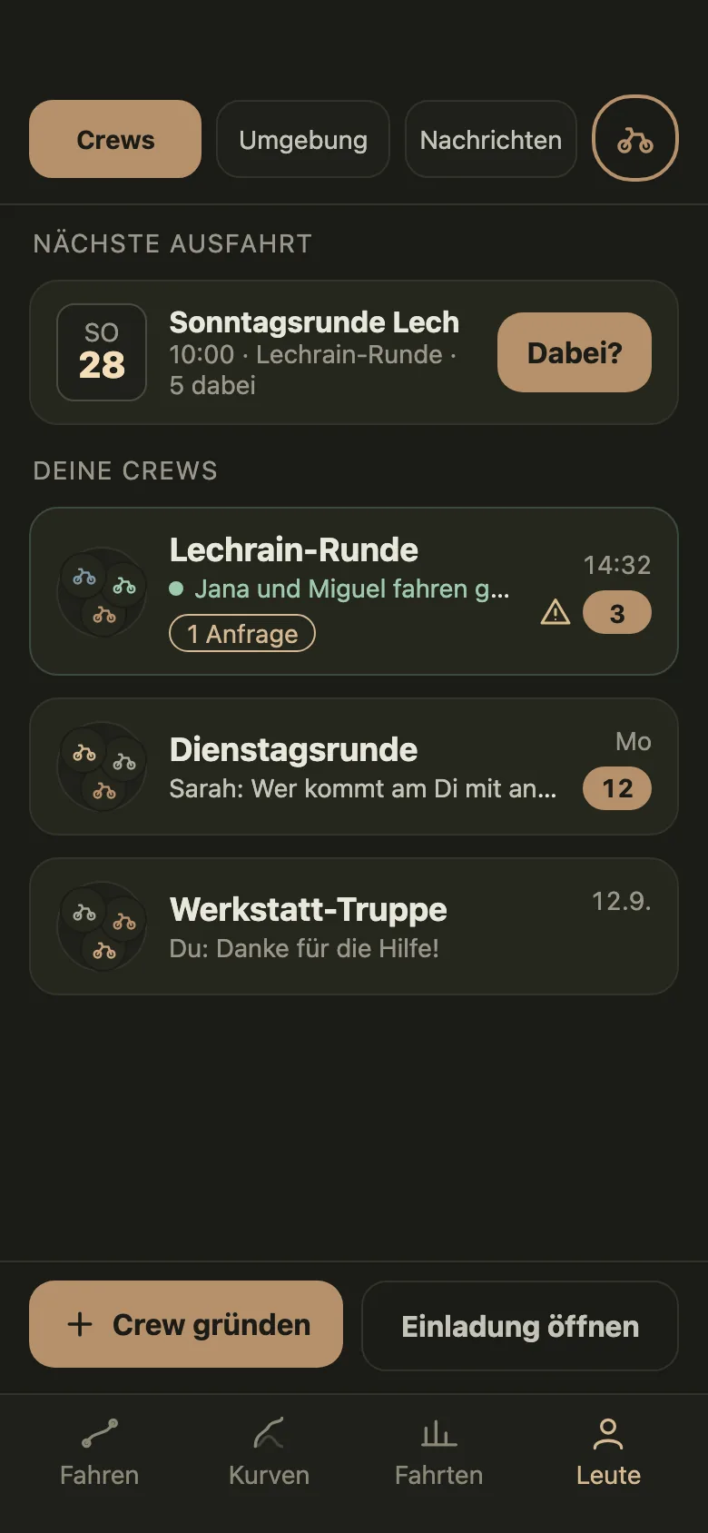 Bildschirm der App: Liste der Crews mit nächster Ausfahrt