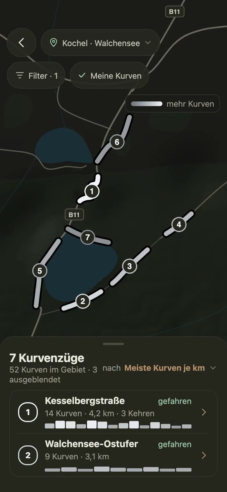 Bildschirm der App: Kurvenzüge einer Gegend auf der Karte