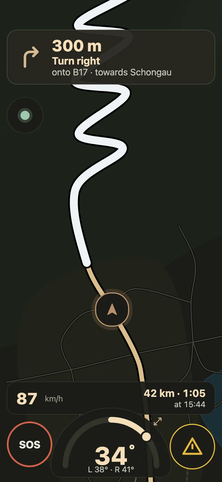 App screen: ride with map, route and the next turn