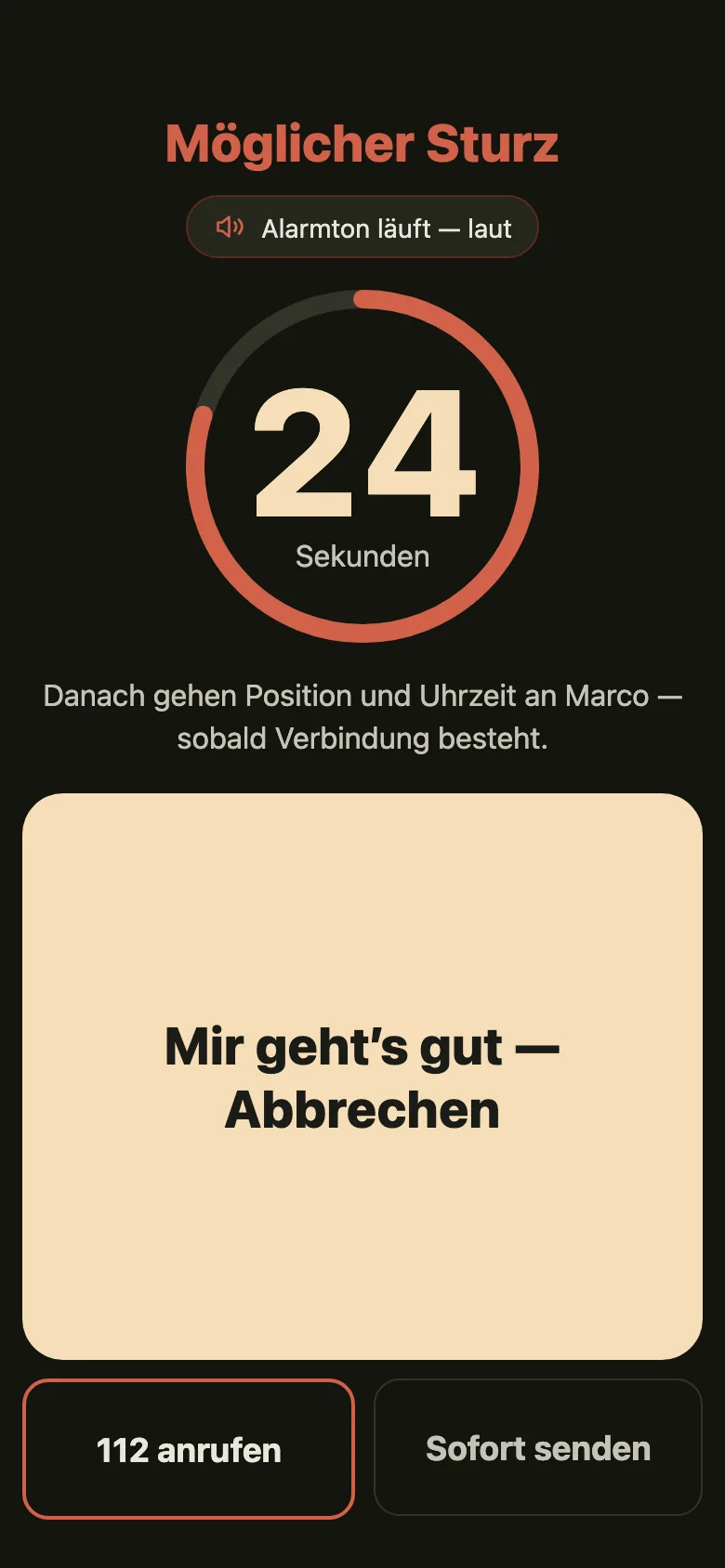 Bildschirm der App: Möglicher Sturz, Countdown läuft